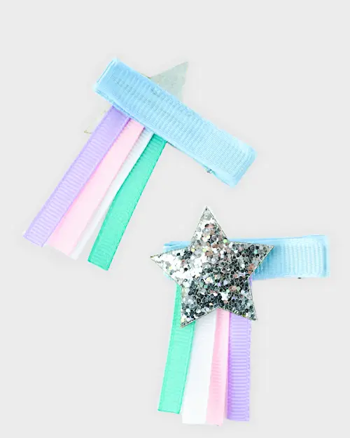 HAIR CLIPS SILVER STAR W TASSELS 2PCS SET