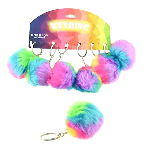 KEYRING FLUFFY BALL RAINBOW