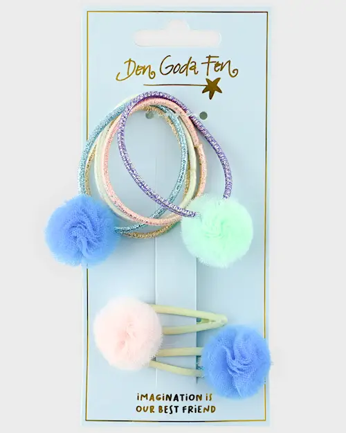 HAIR CLIPS AND TIES WITH POMPOMS