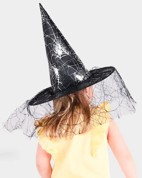 WITCH HAT BLACK SILVER SPIDER WEB VEIL